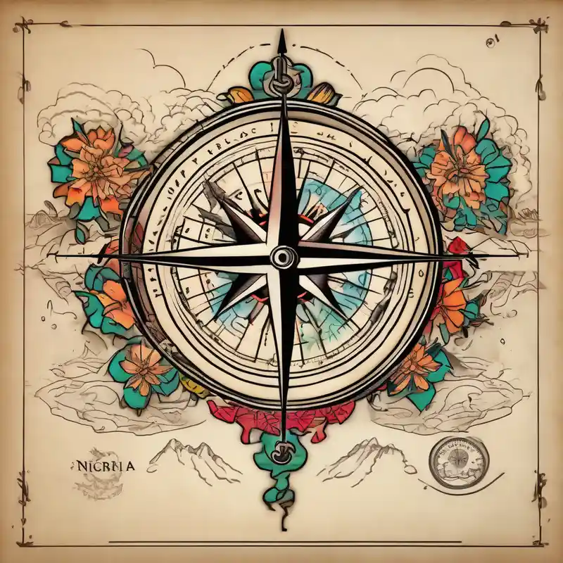 Compass on the back of the palm in the shape of Nigeria with longitude written on the top and latitude written on the bottom. – Japonais, Couleurs vives